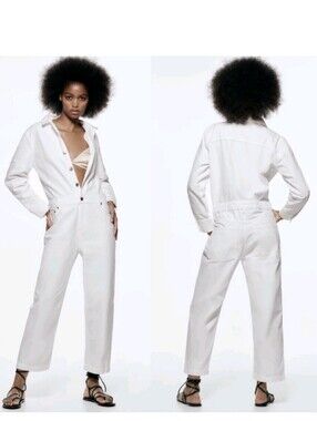 ZARA White Denim Long Jumpsuit Size Large Button Down Zip Fly 100% Cotton